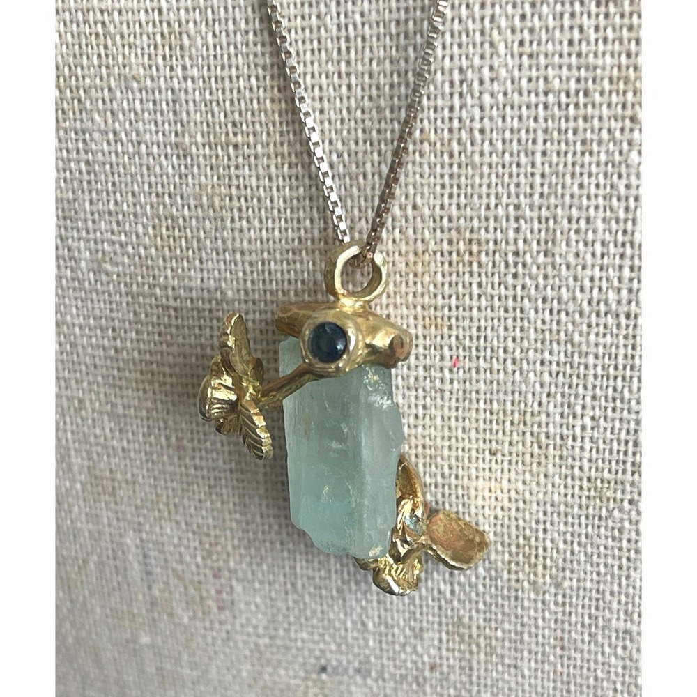 Aquamarine Pendant Necklace Sterling Silver 925 Gold Vermeil Leaf Branch 17" - Picture 3 of 10